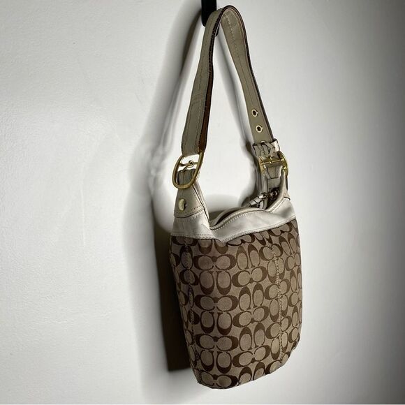 COACH Signature 2000’s Era Vintage Khaki, Brown, Ivory Bucket Adjustable Bag - Picture 4 of 13
